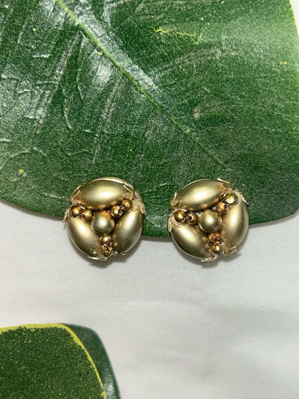 Vintage Gold Tone Beaded Cluster Dome Clip On Earrings Marked Hong Kong